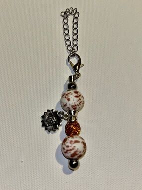 Silver Sunflower Cup Charm w/Brown/Cream Speckled Beads & Rhinestone Accents
